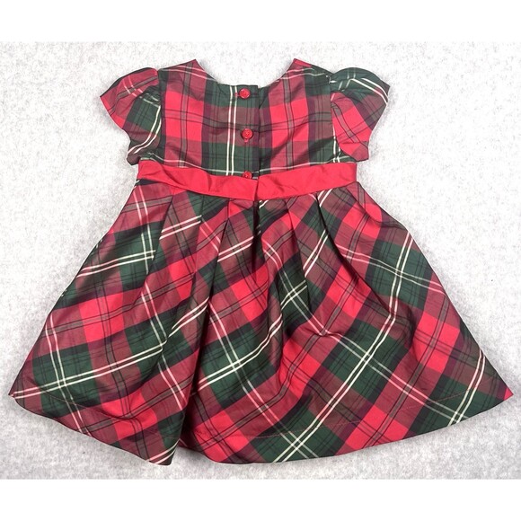 George Baby Dress 12M Red Plaid Check Ruffle Cap Sleeve Bowtie Flare Party Gown - Picture 3 of 15